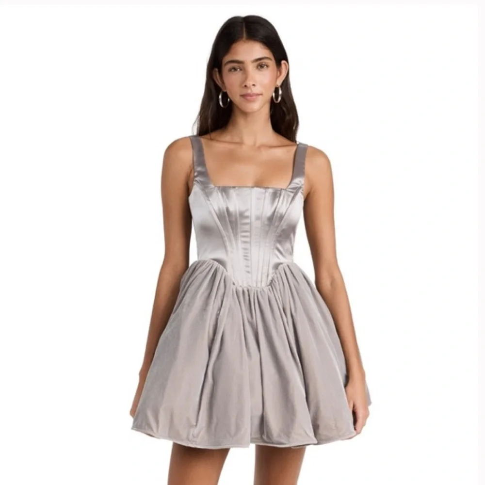 STAUD Landscape Silver Mini Dress Velvet Gray Tulle - Picture 2 of 9